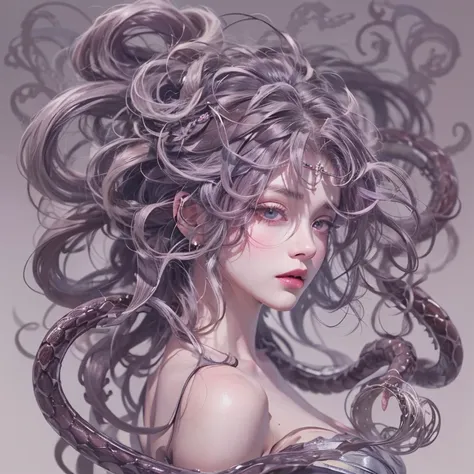 Medusa, Beautiful Tragic Queen, (Beautiful hair turns into a poisonous snakes), (simple background)、(plain background)、(best quality , Masterpiece, high resolution)、