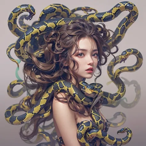 Medusa, Beautiful Tragic Queen, (Beautiful hair turns into a poisonous snakes), (simple background)、(plain background)、(best quality , Masterpiece, high resolution)、