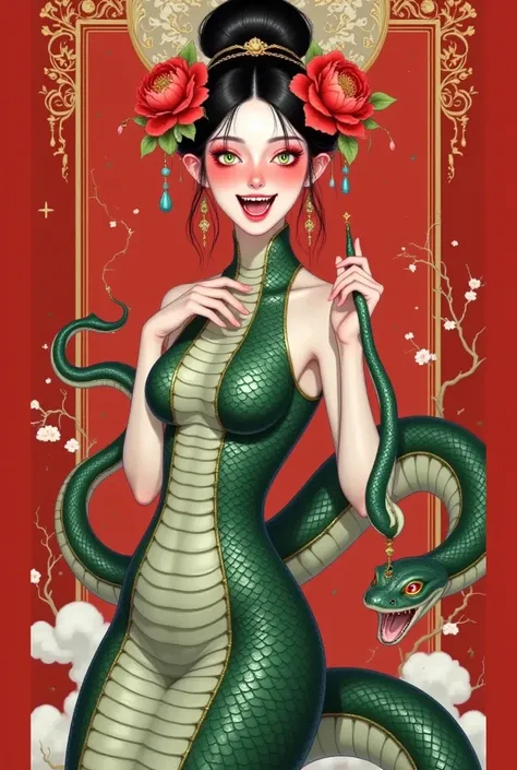 ((( Beautiful Snake Girl，Black high bun ， wearing a huge red peony on her head，，Enchanting green eyes 。Open your mouth，Fangs，Holding a snake in his hand，Motion Capture)))。snakeskin skirt,Snake Body，Snake tail. red background，Auspicious cloud pattern on top...