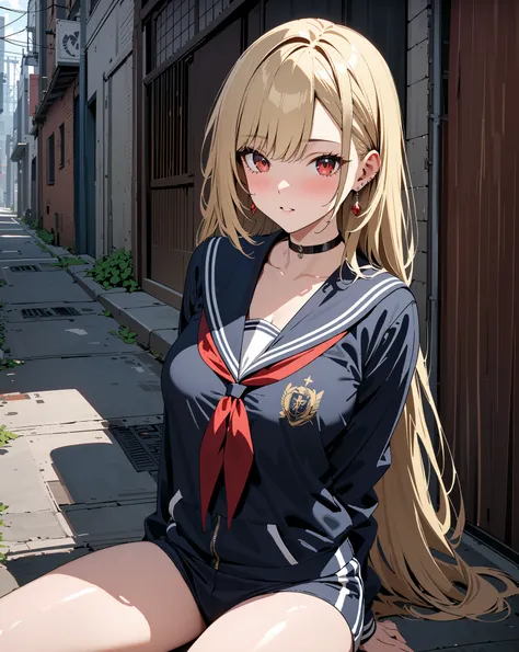 Back Alley, sit,  open legs,  sailor suit, blush, kitagawa marin, whole body,  1girl , blonde hair, long hair, multicolored hair, red eyes, jewelry, earrings, piercing, black choker, masterpiece:1.5, masterpiece, highest quality, UHD, retina, masterpiece, ...