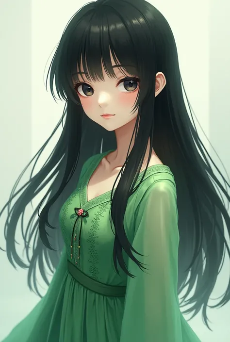  A picture of a girl with black hair and long black eyes and white skin wearing a green dress that looks like an anime