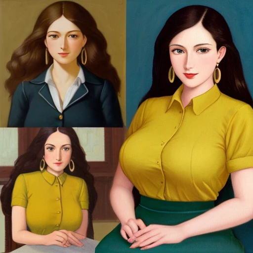 score_9, score_8_up, score_7_up, score_6_up, A woman teacher, beautiful, cute, tenderness, pure confidence, big chest, long brown hair, short, squares her light brown eye, eyebrows, slim red lip, dresses in a dark yellow shirt, buttons, short sleeves, arm ...