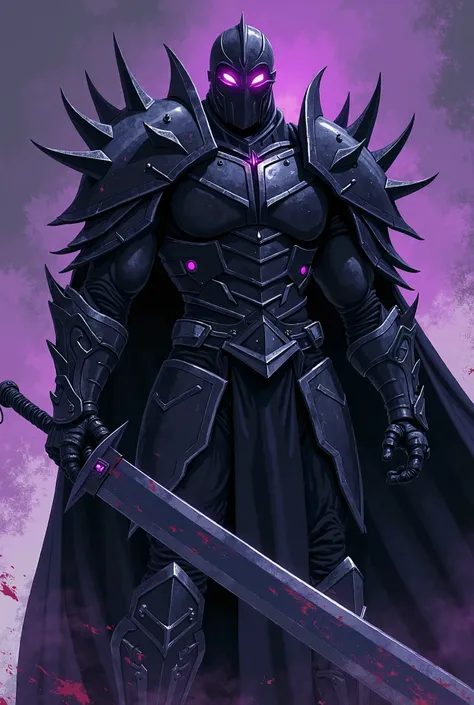 In the style of an old 80s vintage anime. An extremely tall and muscular man about 10 foot, he is wearing heavy fully black berserker armor with sharp ridges, under the folds of the armor are glowing purple and all of his body is concealed within the armor...