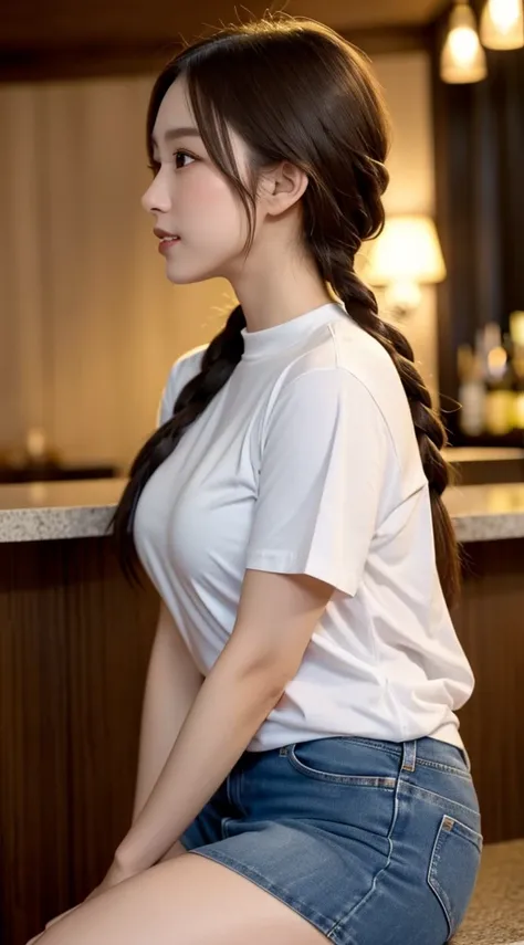   beautiful girl,  Very beautiful and detailed face ,   laugh shyly, Deep Valley), ((  the camera is behind me  ))、(彼女は  big breastedをしている、 white high neck rib knit t-shirt.  denim skirt、Sideways to the viewer、  she shows her thighs  :1.3), (  big breasted...