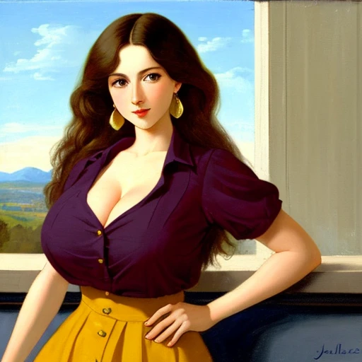 score_9, score_8_up, score_7_up, score_6_up, A woman teacher, beautiful, cute, tenderness, pure confidence, big chest, long brown hair, short, squares her light brown eye, eyebrows, slim red lip, dresses in a dark yellow shirt, buttons, short sleeves, arm ...