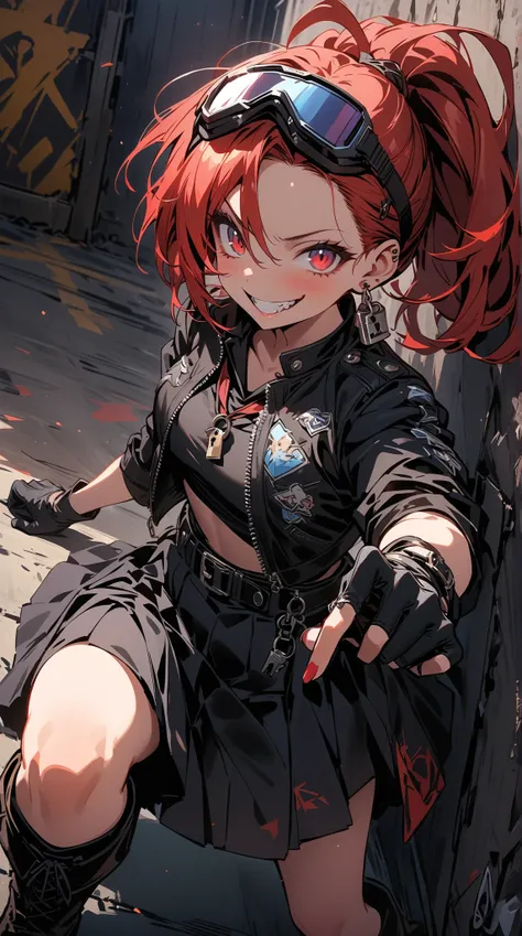 (beautiful girl:1.3),1girl,(black sailor suit,Roll up your sleeves, skirt,white and blue souvenir jacket,biker goggle on head,earrings,belt,Harness,finger piercing gloves,Lock, boots),red Hair,bangs,pony tail,Forehead,Crazy Smile,Reckless attitude,Evil fac...