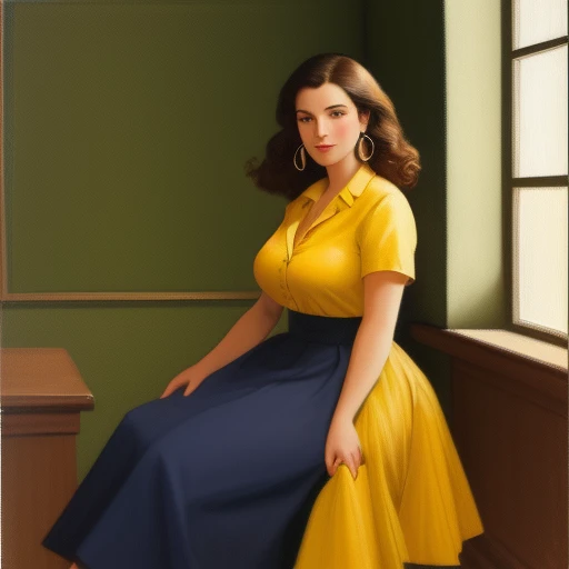 score_9, score_8_up, score_7_up, score_6_up, A woman teacher, beautiful, cute, tenderness, pure confidence, big chest, long brown hair, short, squares her light brown eye, eyebrows, slim red lip, dresses in a dark yellow shirt, buttons, short sleeves, arm ...