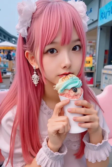  Amusement Park, Chinese girl, pink long hair shawl,Fluffy cat ears,Fluffy cat tail, wearing a dress,handmade ice cream , happy eating ice cream ,