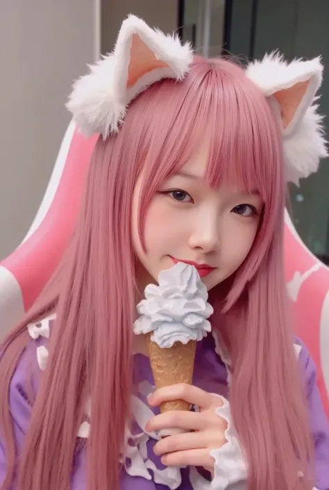  Amusement Park, Chinese girl, pink long hair shawl,Fluffy cat ears,Fluffy cat tail, wearing a dress,handmade ice cream , happy eating ice cream ,