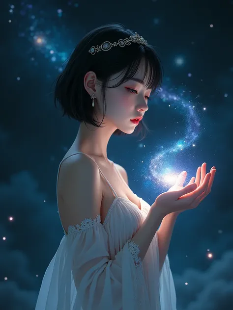 (8k,  photorealistic, Original photo,  best image quality: 1.4), beautiful Japanese idol style girl ,18 years old,goddess,1 person,( short bob hairstyle on the meeting room floor),( black hair),( Chain Tiara ),( she hangs her hair over her ears ),(Cute, we...