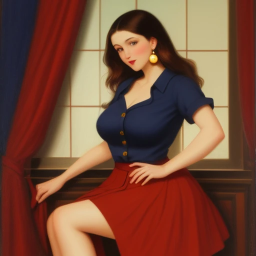 score_9, score_8_up, score_7_up, score_6_up, A woman teacher, beautiful, cute, tenderness, pure confidence, big chest, long brown hair, short, squares her light brown eye, eyebrows, slim red lip, dresses in a dark yellow shirt, buttons, short sleeves, arm ...