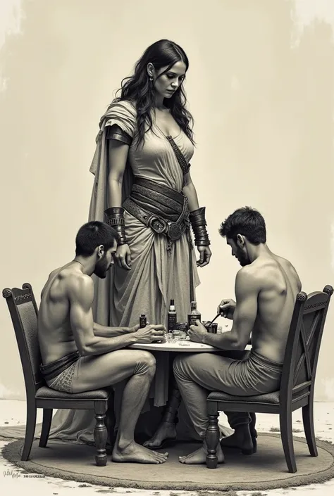 Draw a very tall woman warrior who makes men her servants, let her beat the men a lot, I said to her, let her hit them, tie the men to the wall, let the men serve the woman, let the men paint the woman's nails. 

Okay, let the woman sit on the couch and tw...