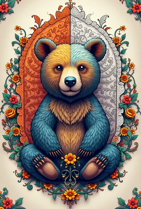 A highly detailed and colorful mandala-style bear drawing illustration book cover, half in full color and the other half in black and white for coloring, intricate patterns, symmetrical design, ornate elements, textured background, whimsical animals, detai...