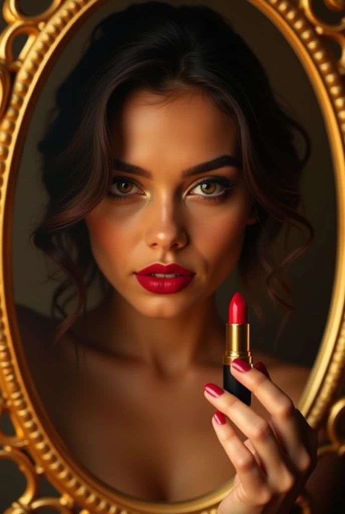 Make an imagine like this: 
The image depicts a close-up portrait of a young woman with striking features. She has dark, captivating eyes and full, red lips that are accentuated by her bold, crimson lipstick. Her hair is styled in soft, wavy locks that fra...