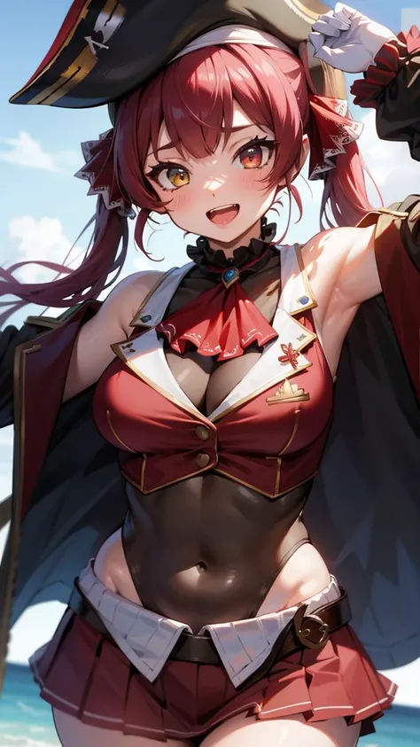 (highest quality, 8K, 32k, perfect body, super detailed face), houshouBase, heterochromia, red eyes, yellow eyes, twintails, long hair, hair ribbon, large breasts, white gloves, frilled choker, red ascot, leotard, leotard under clothes, red jacket, cropped...