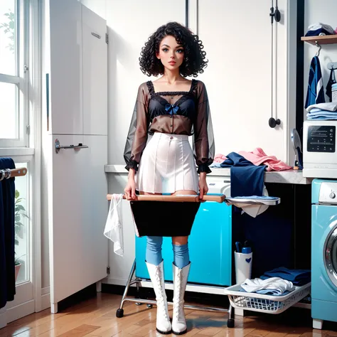 young lady transparent blouse short skirt,white overknee boots tall long black curly hair ironing the laundry on an ironing board