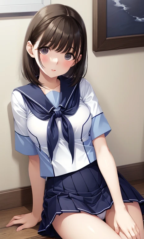 、nsfw、



 Short Sleeve White Sailor Suit、 navy blue mini pleated skirt、 navy blue neckerchief、 very short mini skirt 、Bare thighs、
（ open、 white panties:1.3）