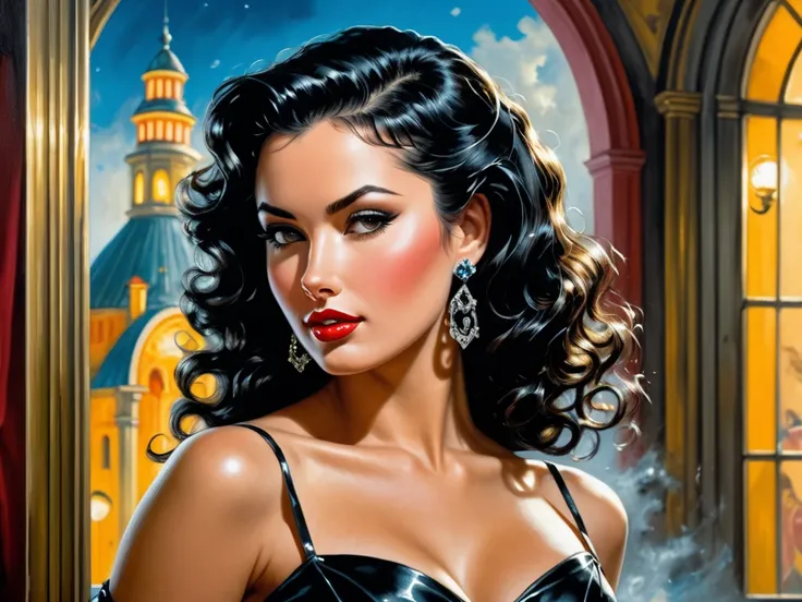 close-up portrait (half body) evoking the atmosphere of the 50s, Stable Diffusion XL, high quality detailed and colorful a beautiful random heroine with black wavy hair in the 50s in a dynamic pose, conservative period clothing and appearance in the 50s, r...