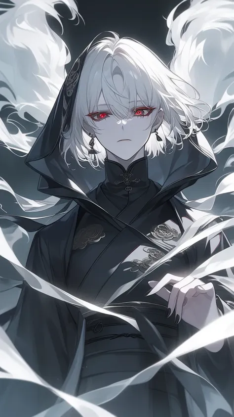 Man,short riff cuts, mystical figures evoking dark nights, pitch-white hair, pale skin, translucent red eyes, wearing black coats, modern, Eastern style(korea), a dark background, fog,  (x-shaped eyes, symbol shaped eyes, ),

