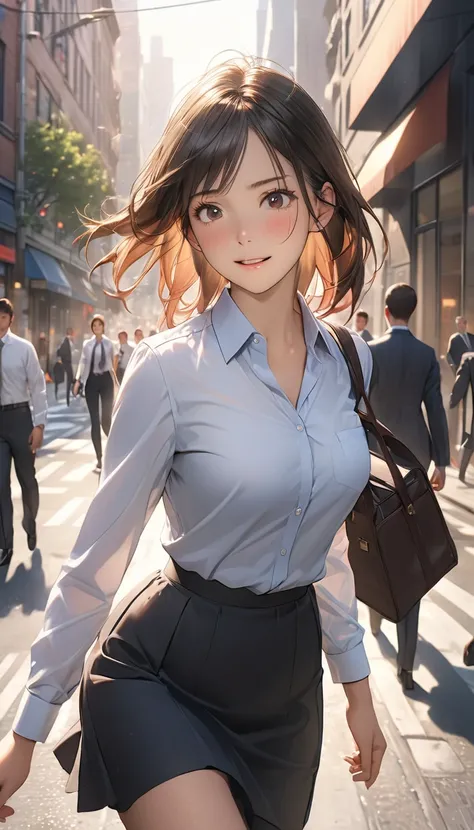 beautiful young business woman in her 20s, office lady, hurrying to work, late for work, lively expression, detailed face, studio lighting, photorealistic, 8k, high quality, elegant office attire, dress shirts, skirt, city street background, morning commut...