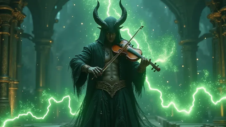 A demonic and stunning man with sharp horns, showing off his strong body (1:95). He is wearing a tattered and unattractive assassin's outfit, while playing a violin that glows green (1:95), creating a subtle and mystical atmosphere. Bright and clear lightn...