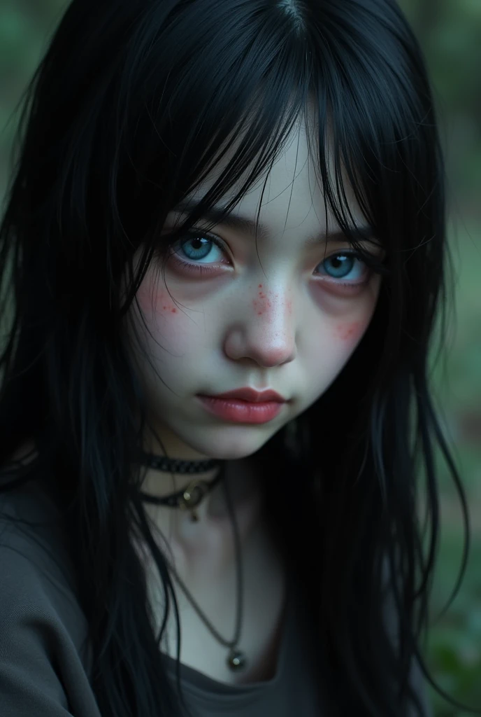  Create a girl in The Walking Dead universe ,  heterochromatic eyes (one totally black and the other blue )  with long and totally black hair , pale skin, pink undertones,  big eyes ( the iris and pupils bigger than an average human)