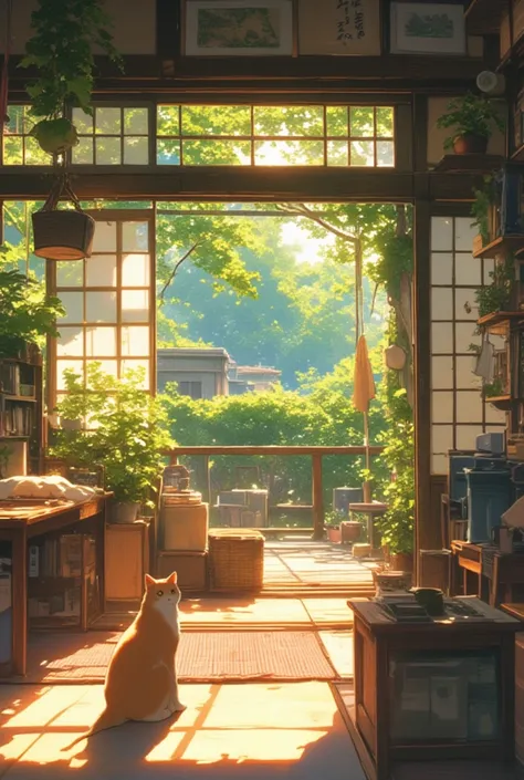 An aesthetic cosy scene  in a traditional Japanese rural home in anime style. 
, Masterpiece, Award Winning, Best Quality, UHD,
,High Quality, Anime, Anime Style. The cat should be proportionate to the room size