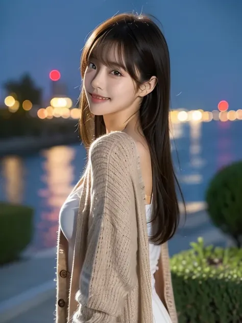  1 girl in the best,  high resolution,  look， wearing a dress and a cardigan， illumination，night view long hair,  bangs between eyes,  small breasts,  smiles,  shooting test model , 