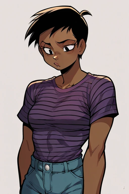 2D, score_9, score_8_up, score_7_up, BREAK, 1girl, solo, Felicia_(Erma), Dark Skin, Black Hair, Black Eyes, Purple Shirt, Striped Shirt