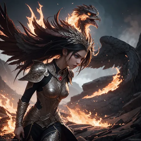  looking at the spectator,  ultra realistic , ( fantasy style ),  high quality,  official art ,  official wallpaper, (phoenix woman), Black Phoenix , cabello negro, ( Detailed  feathers), (Alas de Fire), Phoenix armor , in full flight, ( Detailed  plumage)...