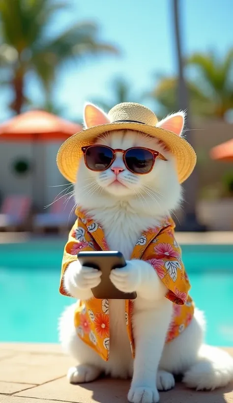 Generate a realistic,  high resolution 8K image of a cat relaxing by the pool ,  wearing straw hats and sunglasses . The cat has white fur and is dressed in a Hawaiian shirt with bright floral patterns.  she is holding a smartphone  ,  conveying a relaxed ...