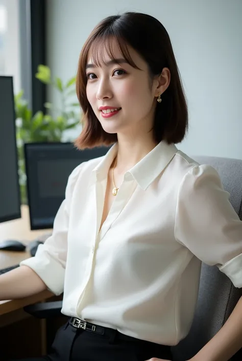 Profile, sitting on a chair , IT company general manager, beautiful young Korean woman , 30-age ,( intelligence face, short brown hair, fringe, beautiful brown eye, red lips, smile ), ( gold earrings , gold necklace),( D cup breasts, Middle Hip) ,( white b...