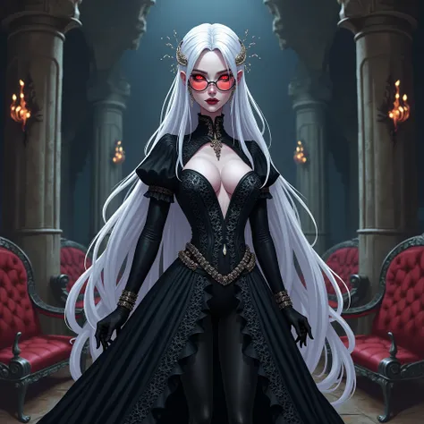 Anime art style, striking Drow woman named Madame Sin’wispr, with slender features, obsidian-black skin, and long, flowing white hair styled in intricate braids and adorned with delicate silver jewelry. Her crimson eyes glow faintly, exuding intelligence a...