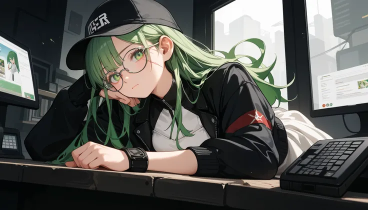 4k anime style, Smooth anime CG, 8k anime, Best quality, High resolution,Superdetail,Perfect light,profile youtube,close up,ager Anime, Long hair,emerald green hair, Emerald green eyes, Clear glasses,medium chest, Beautiful waist,Burn scars,scars, She wear...