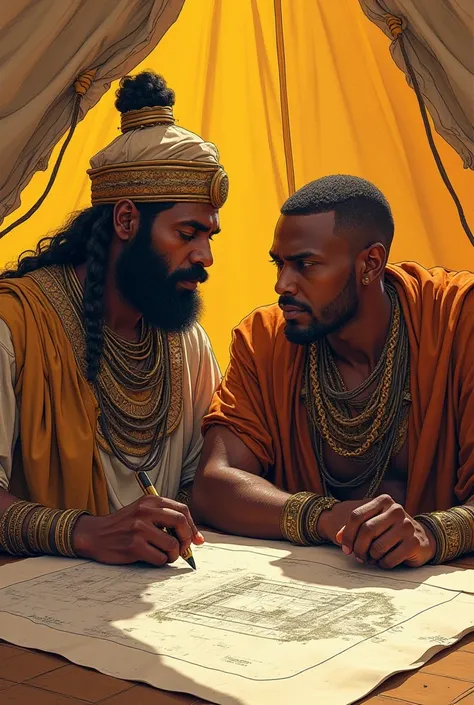 Now  draw a close up of the ethiopian king and his advisor sitting close and facing each other talking about a drawn plan on a table inside a tent house. The profile should be close up and sketched