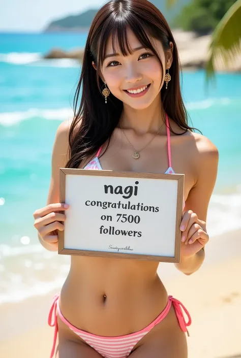 28 years old, Japanese, bangs, smile, huge breasts, cleavage, earrings, necklace, bikini, good thigh, beach, navel, bottoms, beautiful legs, She is holding up a message board that says "Nagi" and "Congratulation on 7,500 followers".