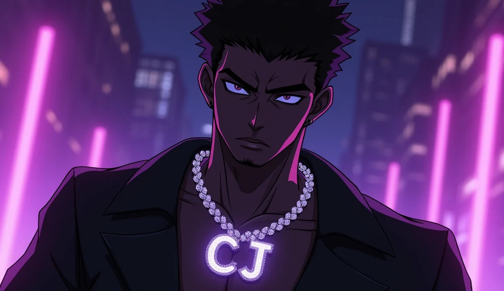 Make a black anime character wearing a diamond chain that is spelling CJ with a purple aesthetic