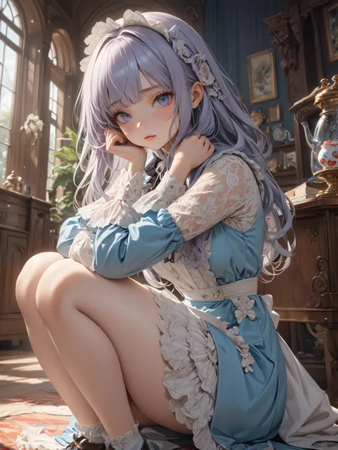  Head to Knee Shots 、 1 girl, masterpiece,  best quality, 8k, Fine skin texture,  fine fabric texture with her hands ,  beautiful detailed faces from faces and clothes,  complicated details,  very detailed,  Alice in Wonderland ,, 