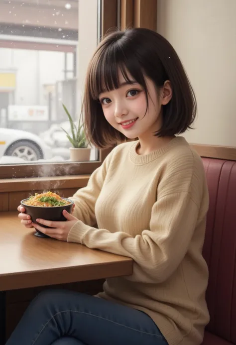 realistic photograph,portrait of japanese girl sitting in ramen restaurant,short bob hair,eyeliner,eyeshadows,blush,burgundy lips,beige sweater,jeans,holding ramen bowl on table,looking at viewer,laughing,Snow is falling outside the window.