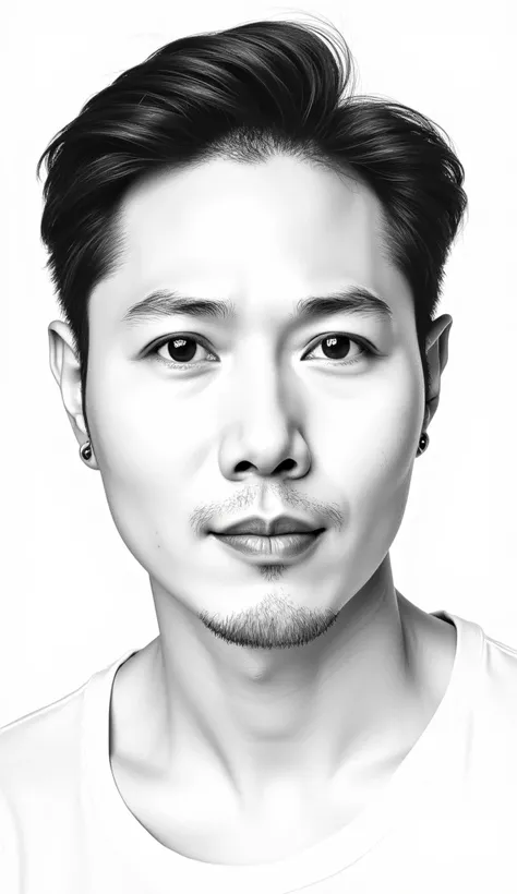 "A highly detailed pencil sketch, full-body portrait of an 1 handsome Thai man with a sweet and delicate face. he has sleek, hair parted in the middle. His facial features are sharp and defined, with long, arched thick eyebrows, large, bright eyes with a s...