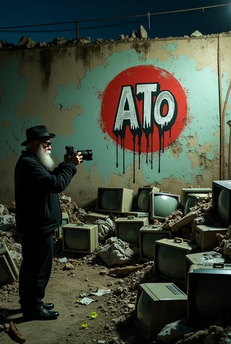  at night in a junkyard full of garbage and lots of broken old televisions with broken and rusted glass,  and there is a shattered wall with a graffiti mural that puts the word ATO in capital letters painted with a stencil in black and white inside a red r...