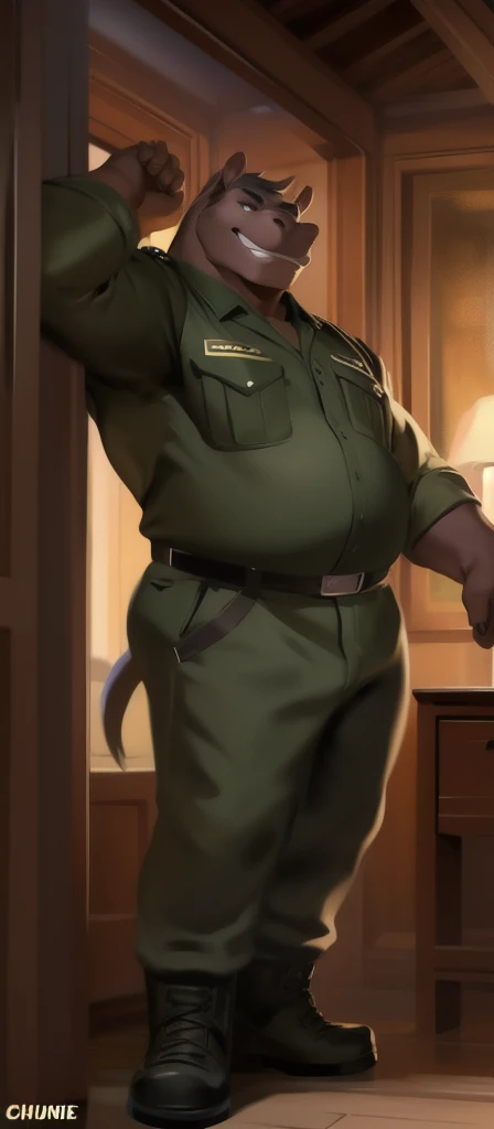 Solo, male Tall, huge​ body,​standing, den,big hippo , black green Army uniform, overweight, muscular, smirking, by chunie​