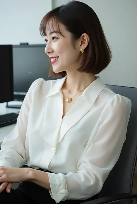 Profile, sitting on a chair , IT company general manager, beautiful young Korean woman , 30-age ,( intelligence face, short brown hair, fringe, beautiful brown eye, red lips, smile ), ( gold earrings , gold necklace),( C cup breasts, Middle Hip) ,( white b...