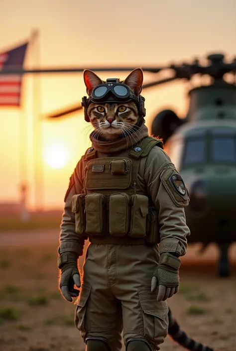 A cat dressed as an American special forces soldier stands upright in a commanding pose. Its uniform is detailed, complete with a tactical vest, a miniature helmet, and goggles, all tailored perfectly to fit. Beside the cat stands a large military helicopt...