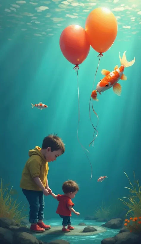 make a visual of a father bringing koi fish to his son but the fish was made into a balloon by the  then the father brought the butterfish and the fish was again made into a balloon by the  then the father brought nemo fish and was made into a balloon agai...