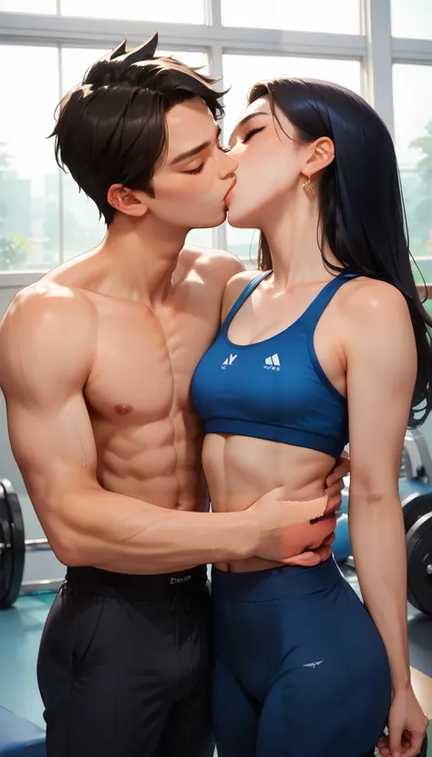 High-quality, High resolution, masterpiece, Gym background, A 25 year old girl, blue sports bra, Cleavage, slender, gym pants, Abdomen, masterpiece, Gym background, A 25 years old Boy, shirtless, black gym pants, Kissing