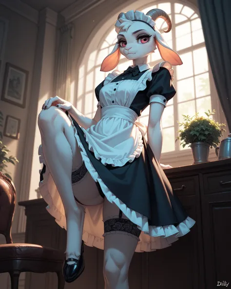 spooky furry female goat , maid clothes , glamorous , garter , knee up , Dimly lit room , pitch black inside skirt