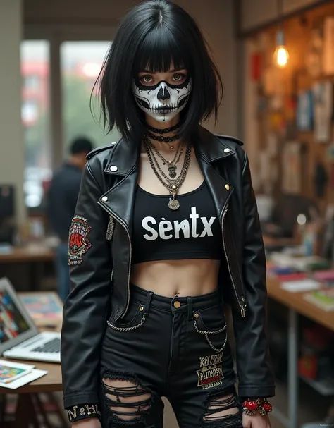 "Create ultra detail a rebellious urban character with female anime skull face, inspired side part hair cut in shades of black. Graphic black crop shirt with Center the text written in " SENTX,"and High-Waisted black Jeans featuring chains, patches, and bo...