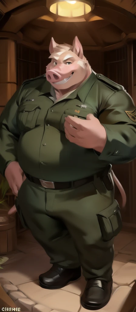 Solo, male Tall, huge​ body,​standing, den, pig , black green Army uniform, overweight, muscular, smirking, by chunie​