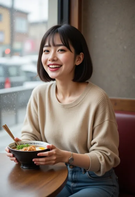 realistic photograph,portrait of japanese woman sitting in ramen restaurant,short bob hair,eyeliner,eyeshadows,blush,burgundy lips,beige sweater,jeans,holding ramen bowl on table,looking at viewer,laughing,Snow is falling outside the window.